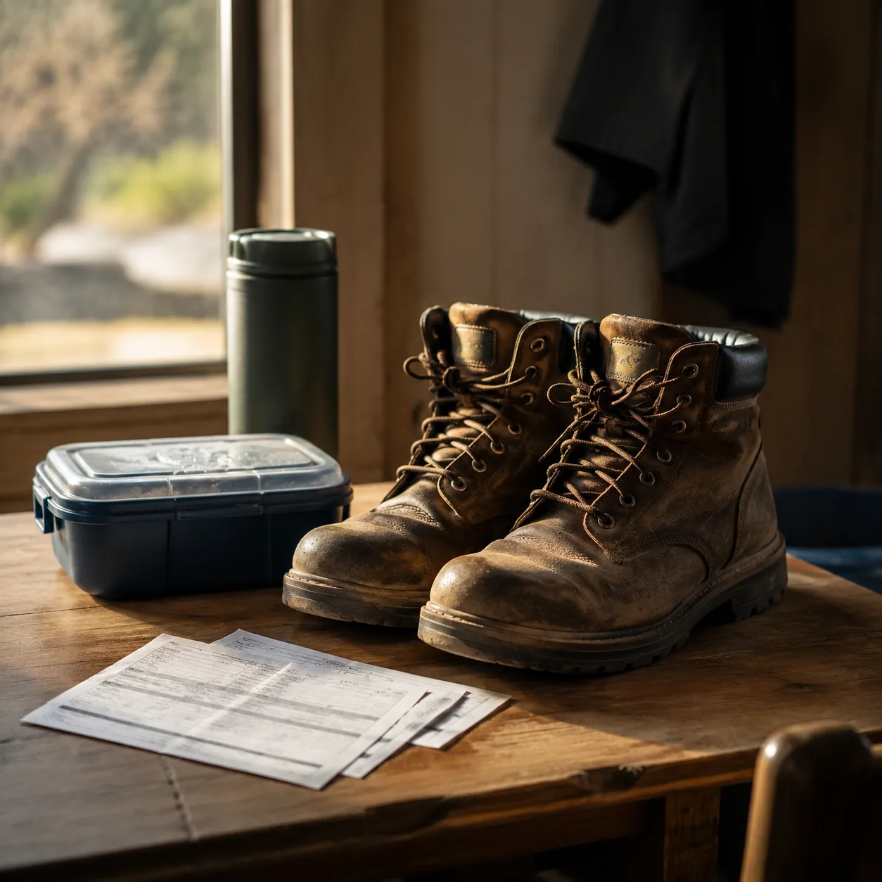 Realistic editorial photo of work boots, pay stubs, and a lunch container on a table before an early work shift, warm na