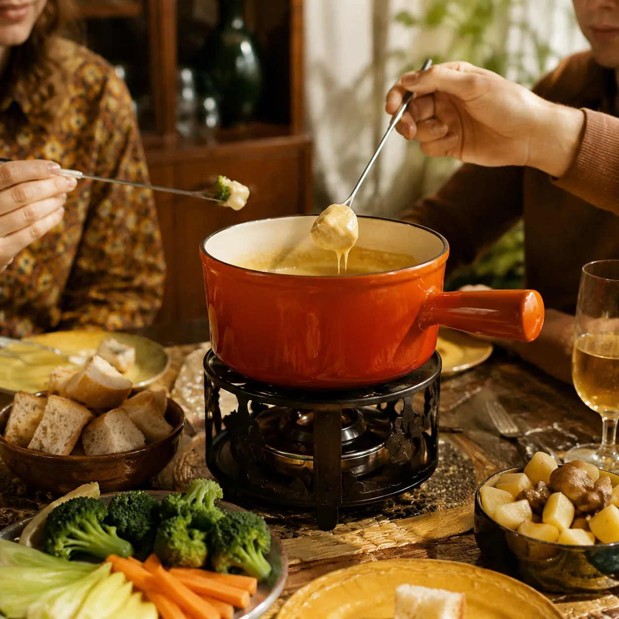 Realistic editorial photo of a 1970s fondue pot with bread cubes, vegetables, and long forks on a dining table, practica