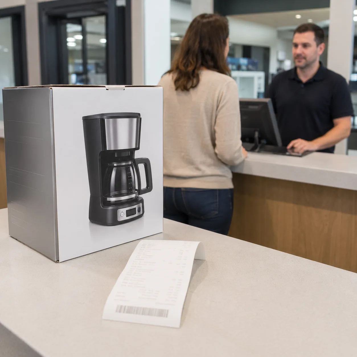 Realistic editorial photo of a boxed appliance, receipt, and customer service counter area without visible branding, pra