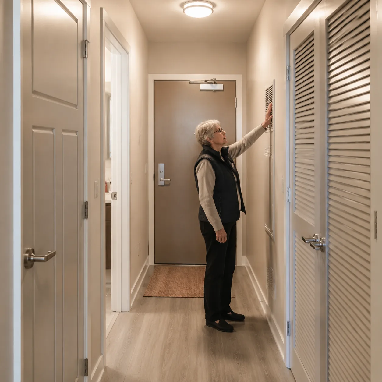 Realistic editorial photo of a condo hallway with closed doors and an older resident checking ventilation near an entry,