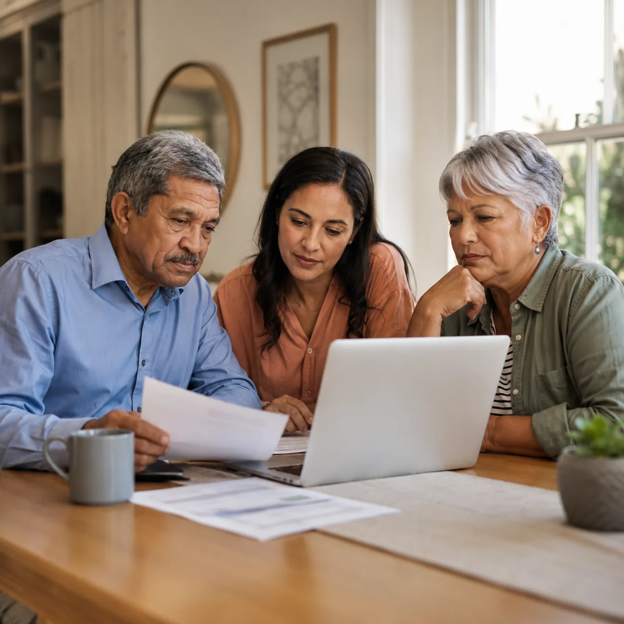Realistic editorial photo of a family looking over retirement paperwork and a laptop at a dining table, warm natural lig