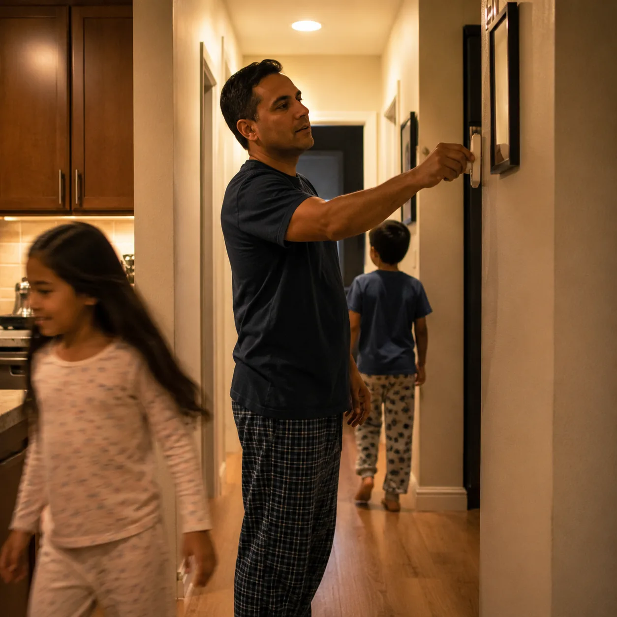 Realistic editorial photo of a Latino father turning off a hallway light while children move through the house, warm eve
