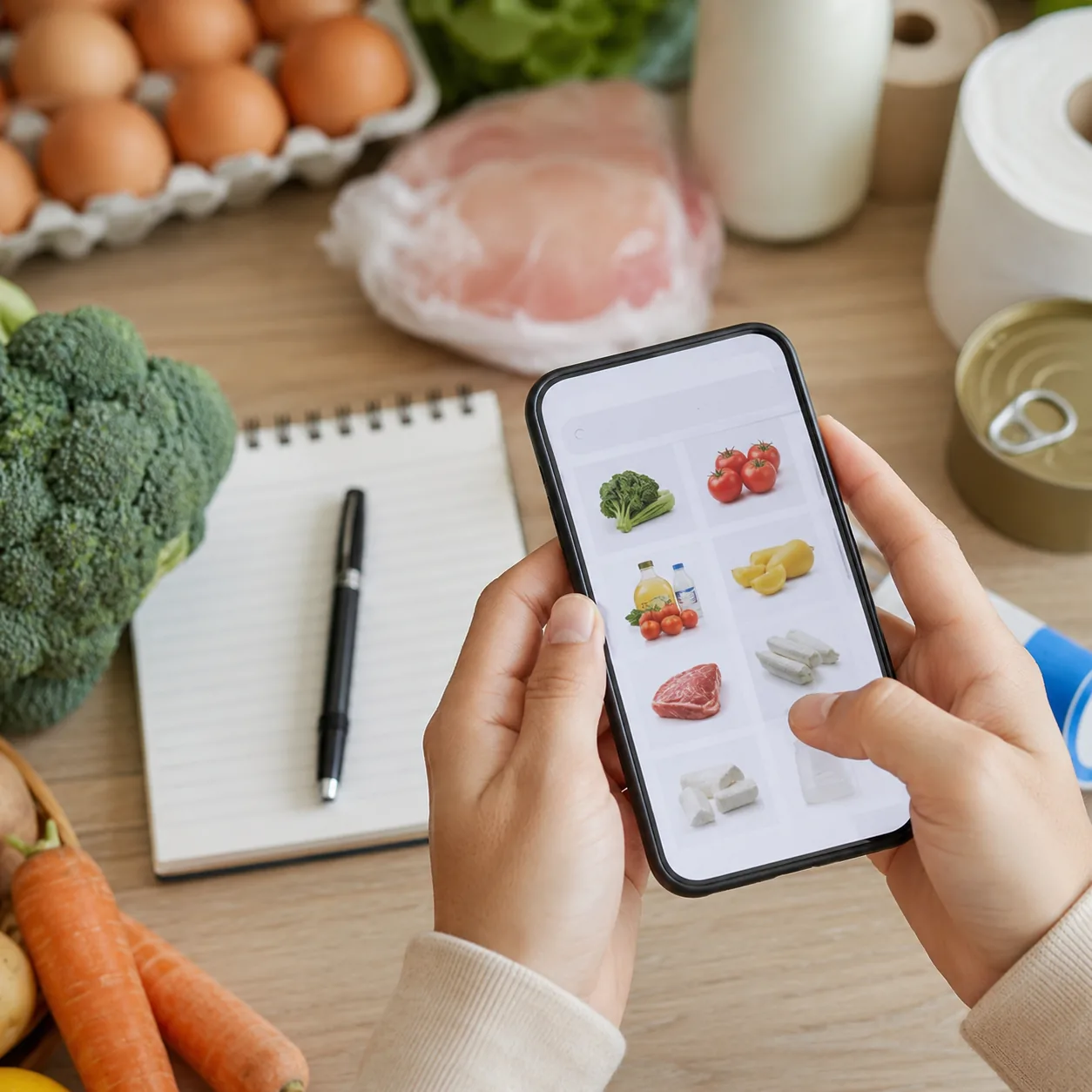 Realistic editorial photo of a phone shopping app, grocery list, and household items on a table without visible text, pr