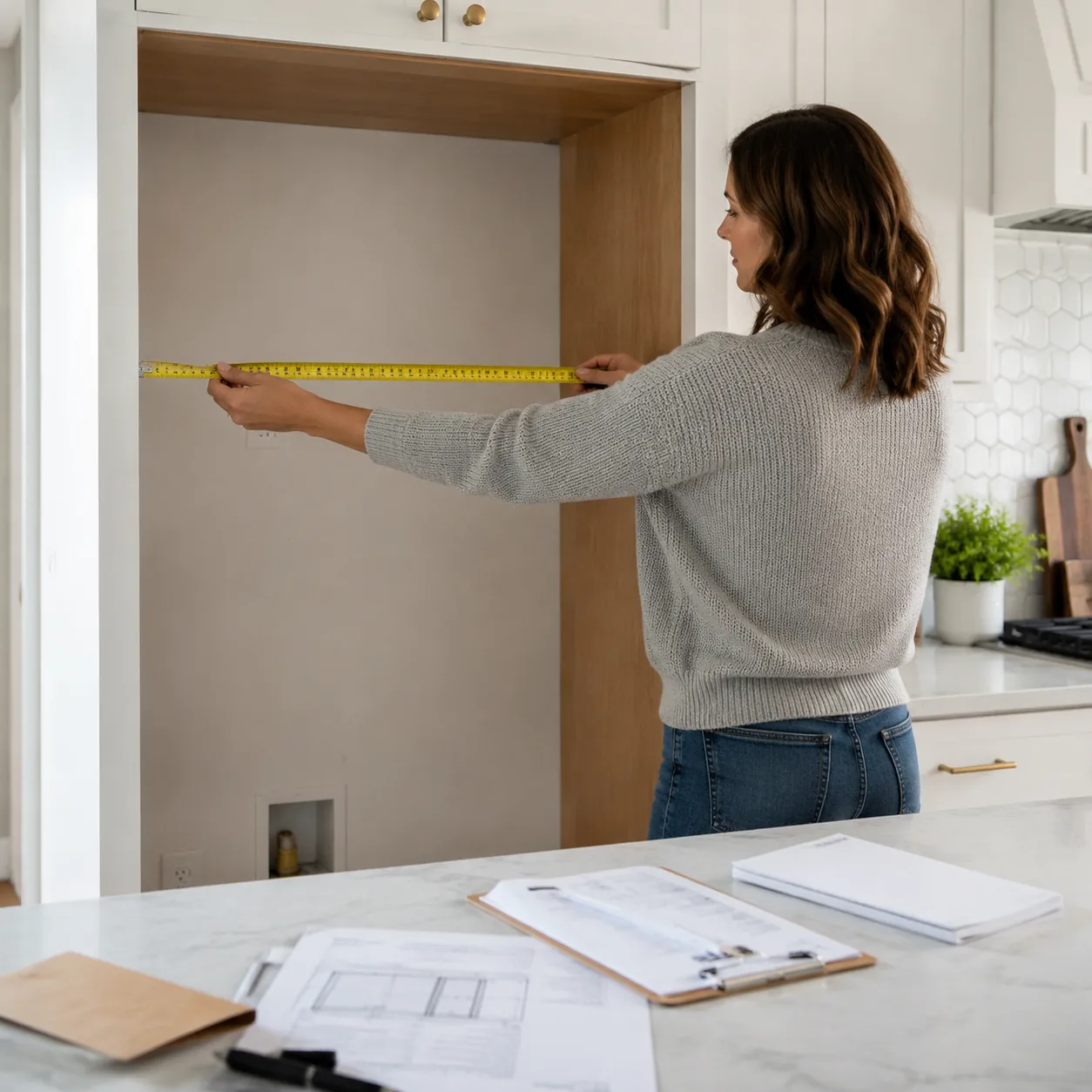 Realistic editorial photo of a refrigerator space being measured in a kitchen with delivery paperwork nearby, practical