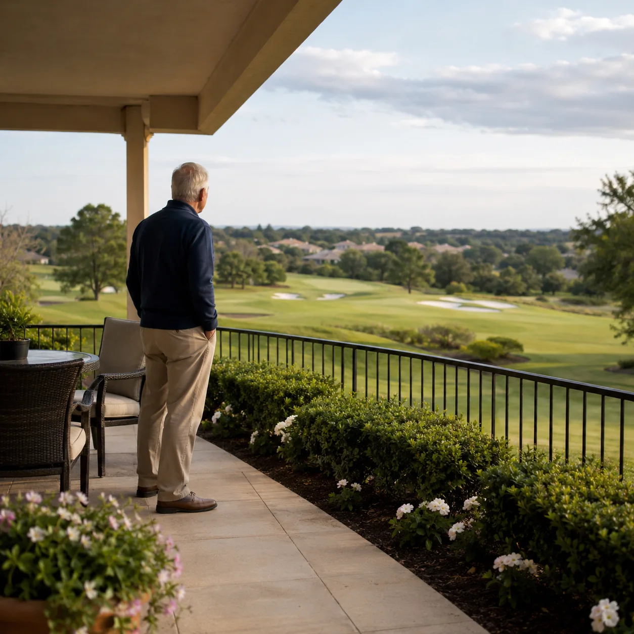 Realistic editorial photo of a retirement community patio overlooking a golf course with an older homeowner looking at t