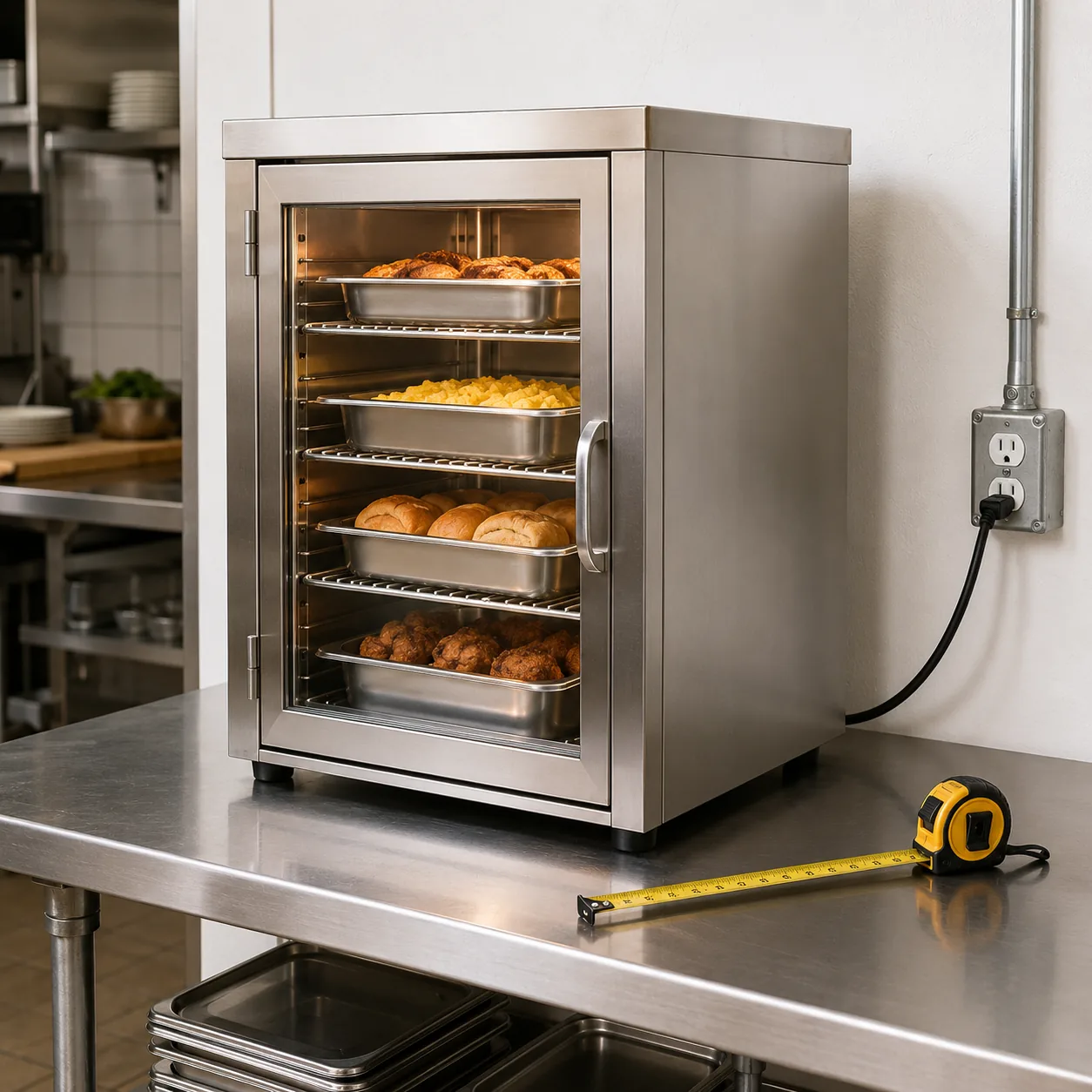 Realistic editorial photo of a stainless commercial food warmer on a prep table with measuring tape and outlet nearby, p