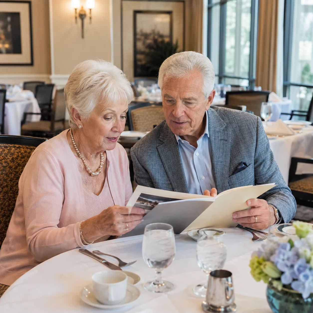 Realistic editorial photo of an elegant retirement community dining room with an older couple reviewing a club membershi
