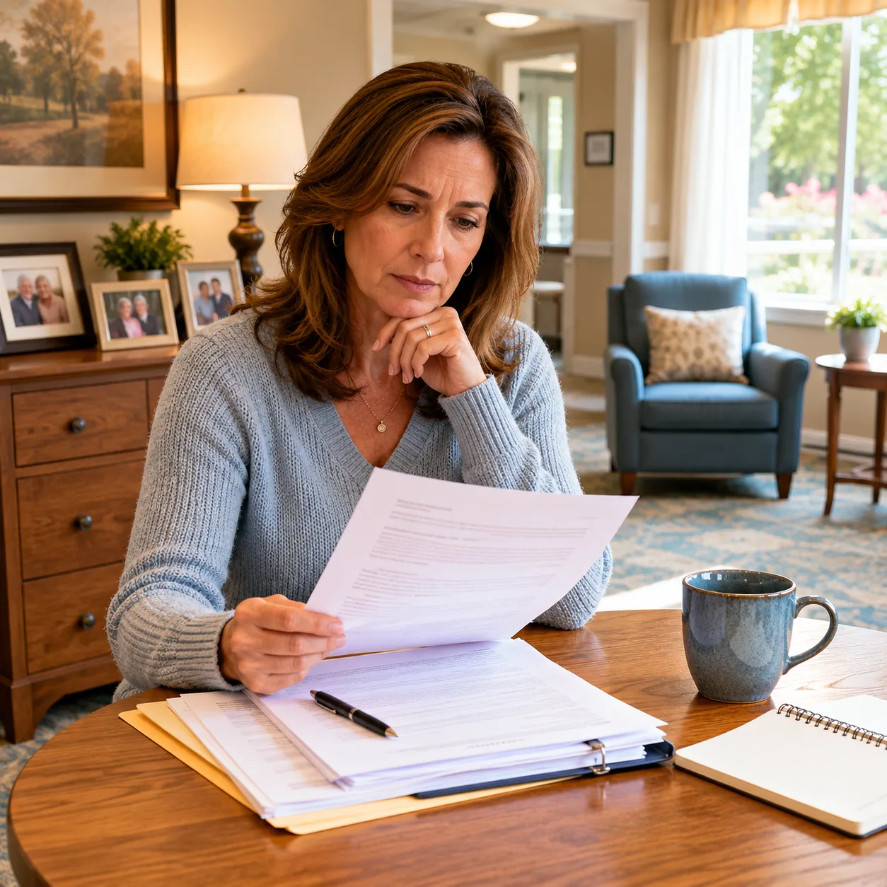 Realistic editorial photo of an empty assisted living room with family photos on a dresser and an adult daughter reading