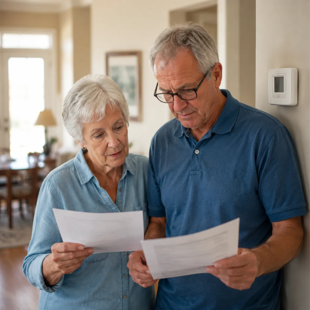 Realistic editorial photo of an older couple reviewing utility bills beside a thermostat in a retirement community home,