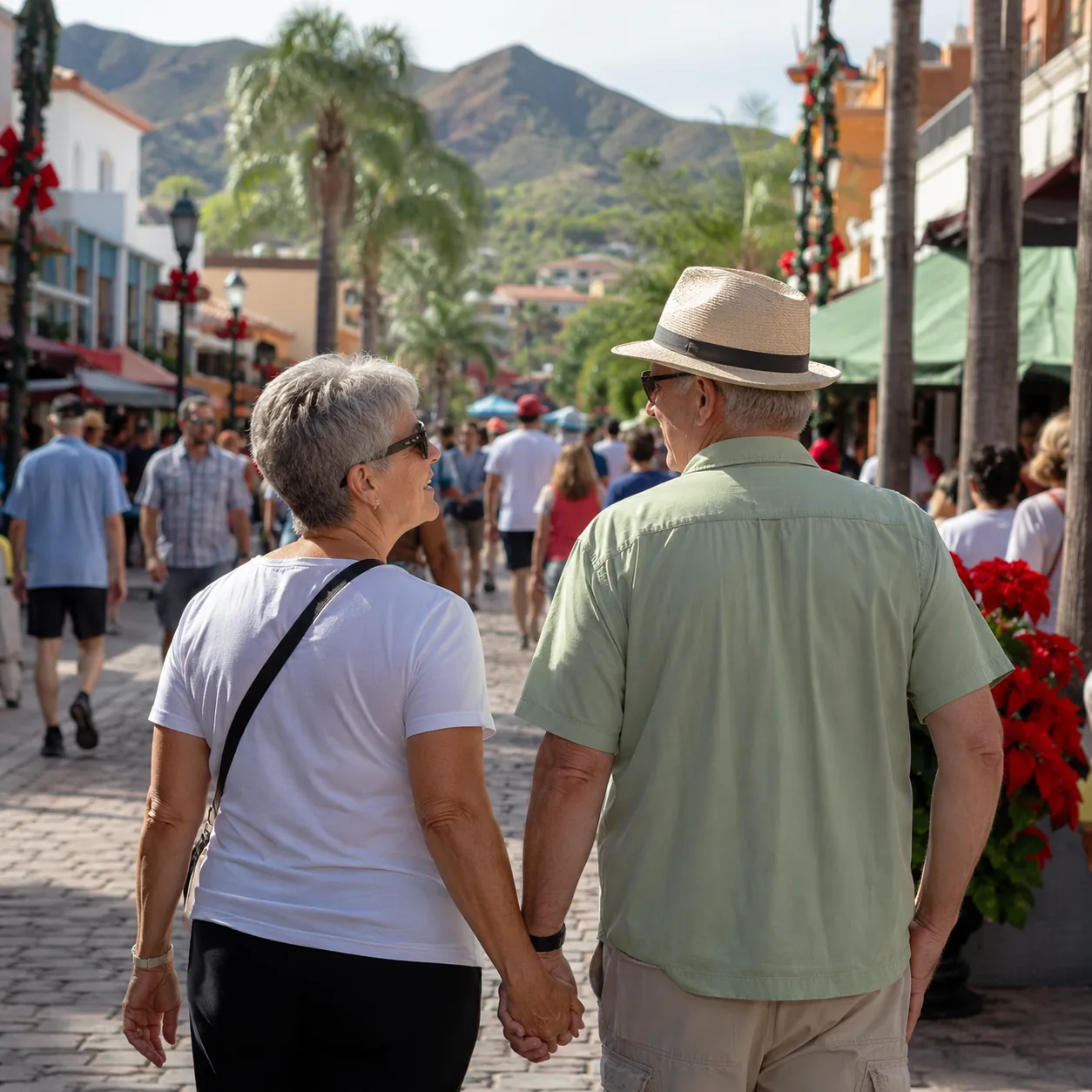 Realistic editorial photo of an older couple walking through a crowded seasonal downtown in a retirement destination, pr