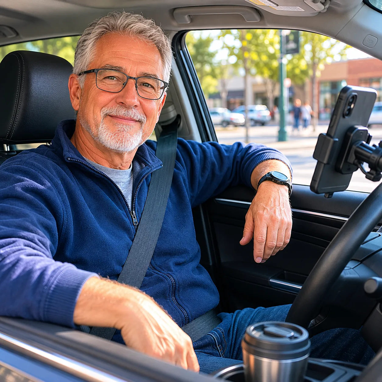 Realistic editorial photo of an older rideshare driver waiting in a clean car near a curb with phone mount visible but n