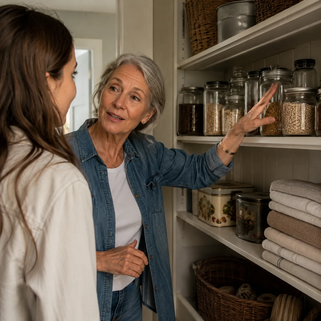 Realistic editorial photo of an older woman showing a younger relative a tidy pantry shelf with jars, tins, and folded t