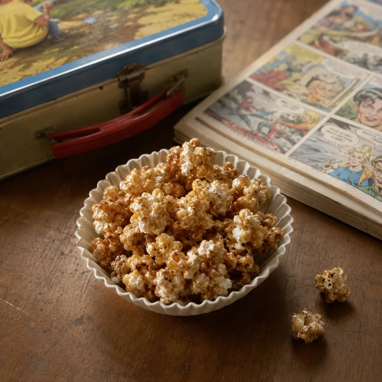 Realistic editorial photo of glazed popcorn snack pieces in a small paper bowl beside a lunchbox and comic book, practic