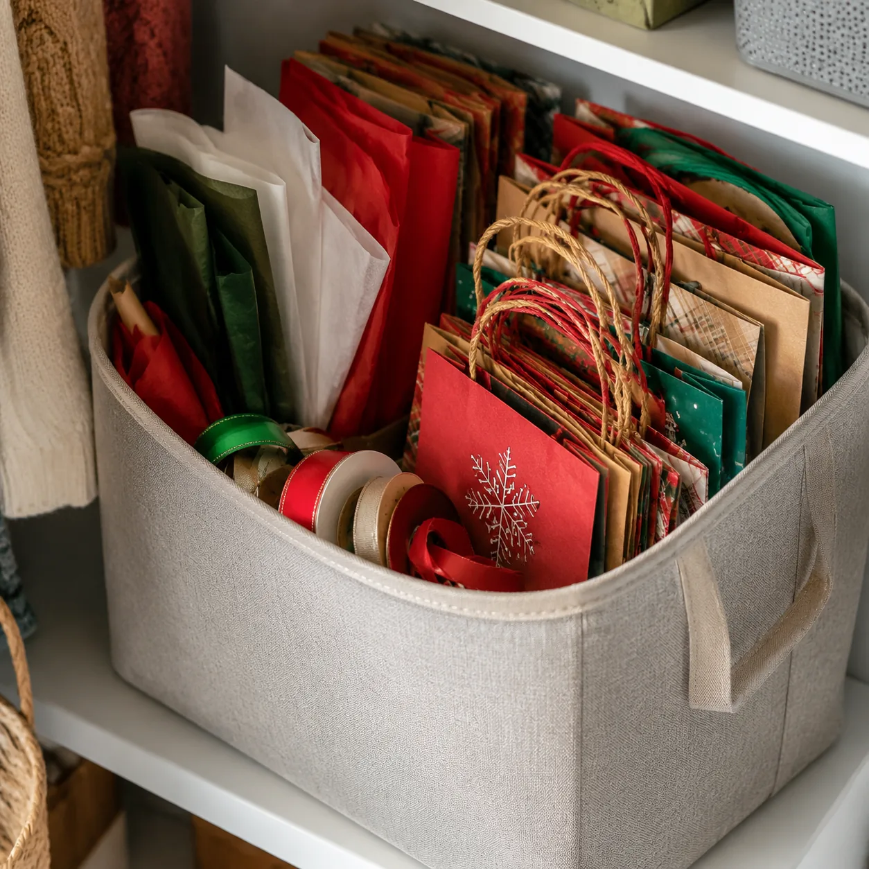 Realistic editorial photo of holiday gift bags, tissue paper, and ribbons organized in a closet bin, warm natural light,