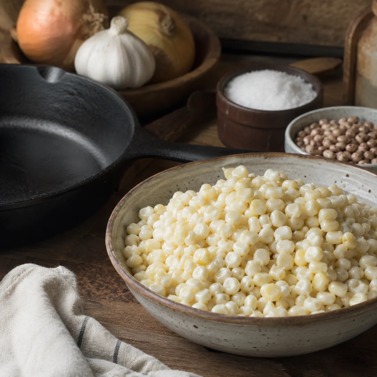 Realistic editorial photo of hominy kernels in a ceramic bowl beside a skillet and simple pantry ingredients, practical
