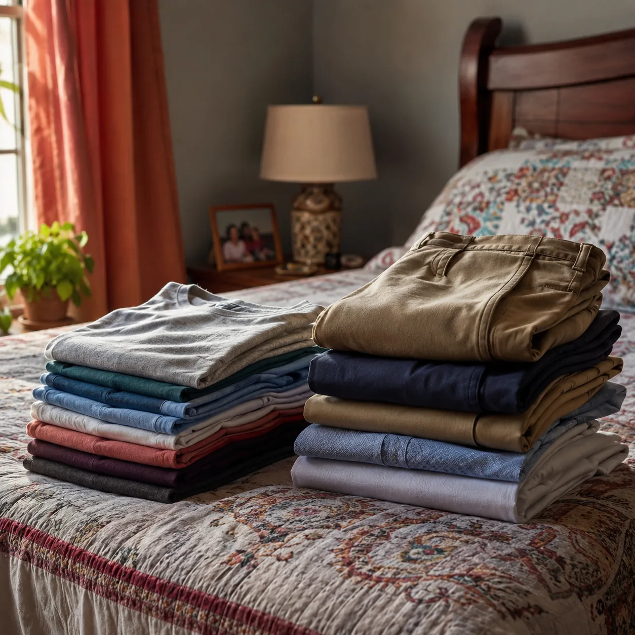 Realistic editorial photo of neatly folded house clothes and work clothes on a bed in a Latino family apartment, warm na