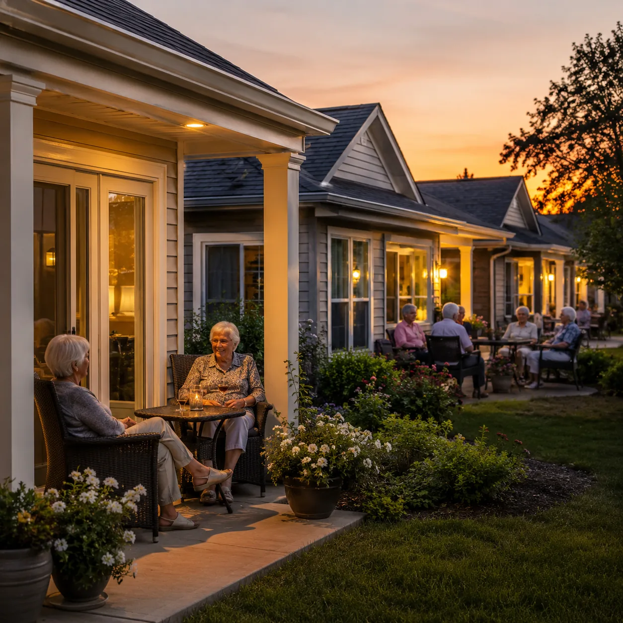 Realistic editorial photo of neighboring retirement community patios at dusk with older residents sitting outside and ho