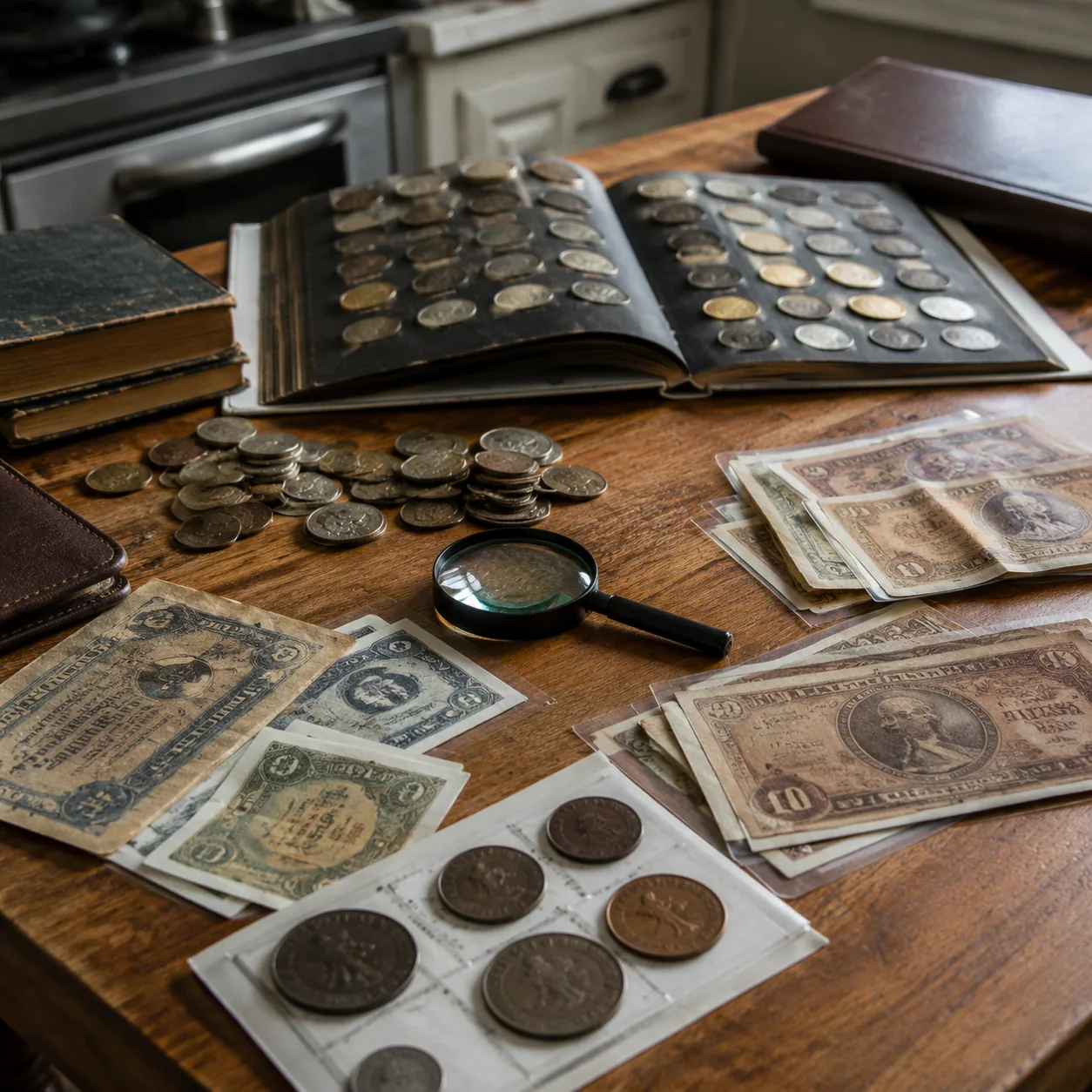 Realistic editorial photo of old coins, paper bills, and a small magnifying glass on a kitchen table, organized appraisa