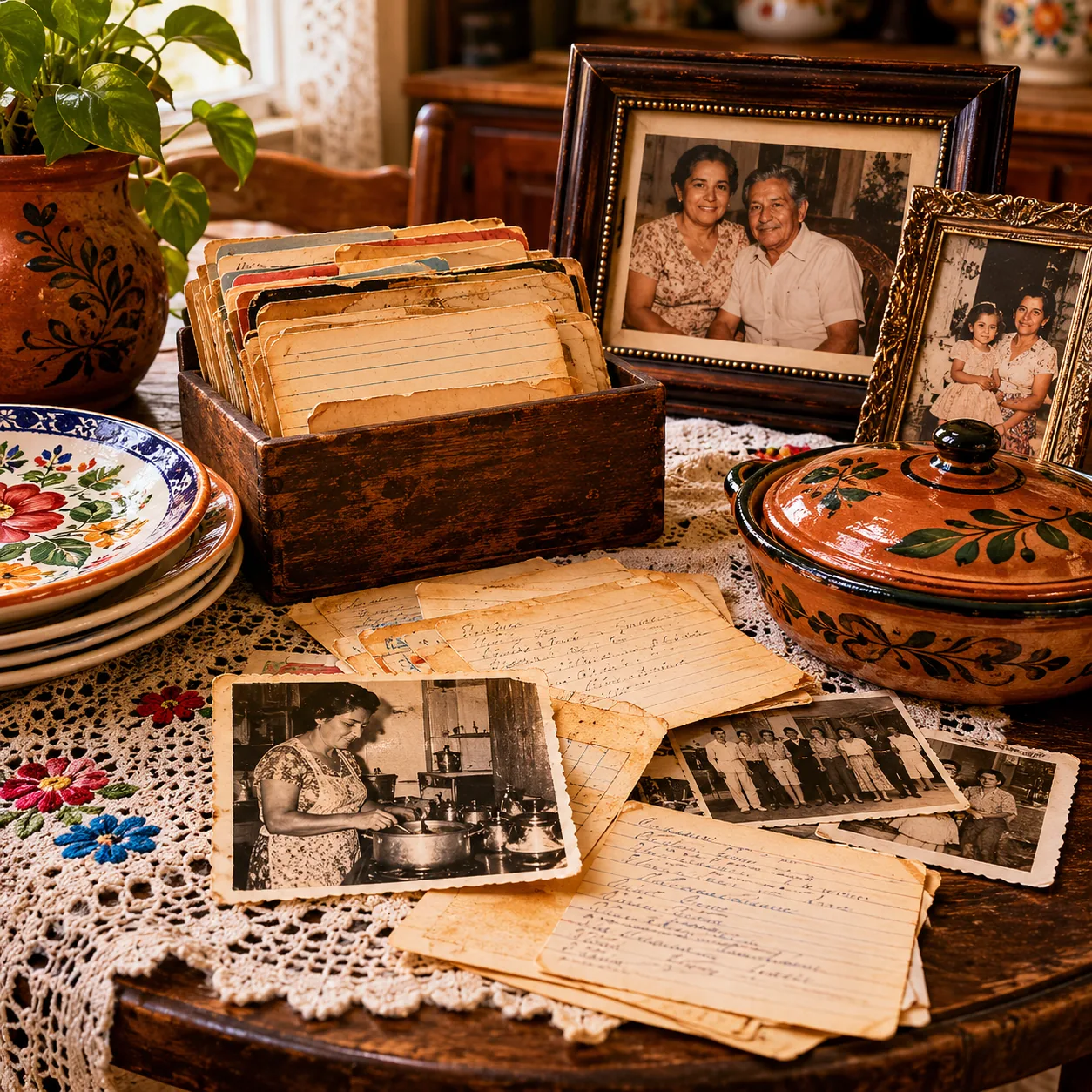 Realistic editorial photo of old family dishes, recipe cards, and framed photos on a Latino grandparents' dining table,