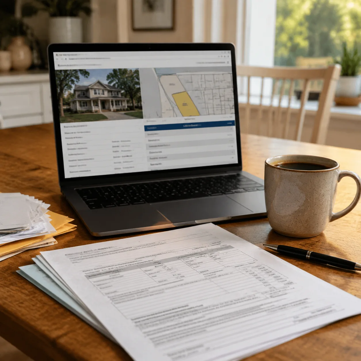 Realistic editorial photo of property tax documents and a county assessor website open on a laptop beside coffee, warm n