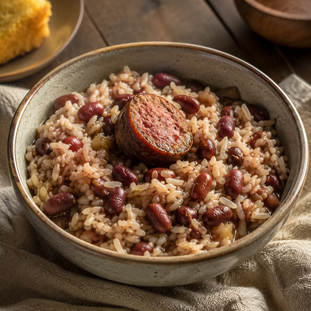 Realistic editorial photo of red beans and rice in a bowl with a small piece of sausage on top, practical Southern budge