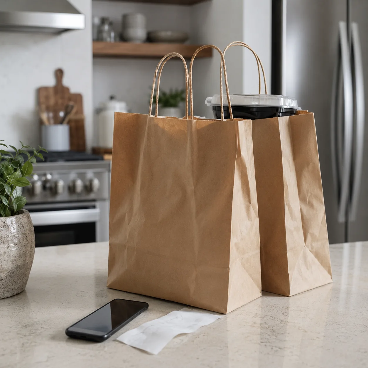 Realistic editorial photo of takeout bags on a kitchen counter beside a phone and receipt without visible text, practica