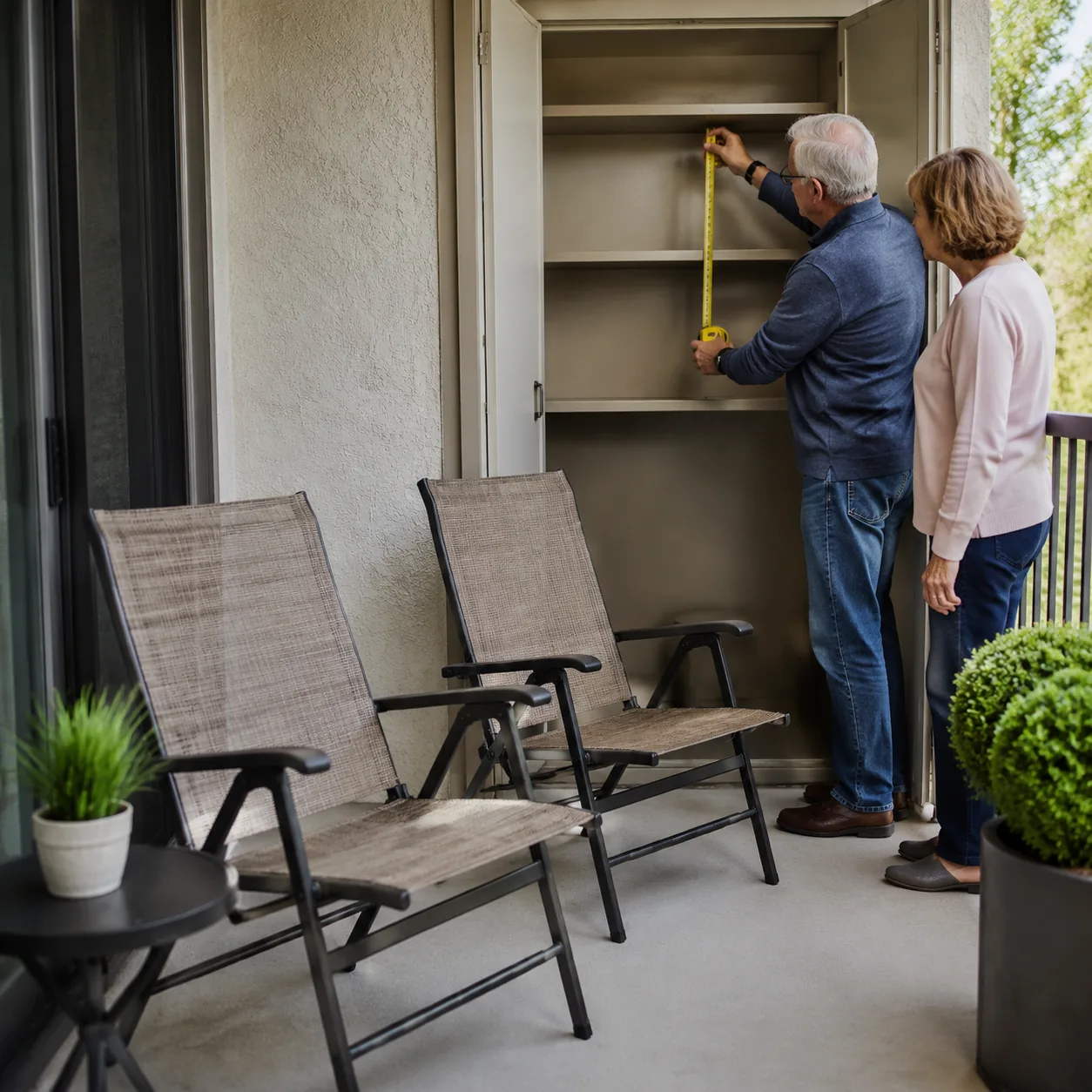 Realistic editorial photo of two folding outdoor chairs on a small condo patio with older couple measuring storage space