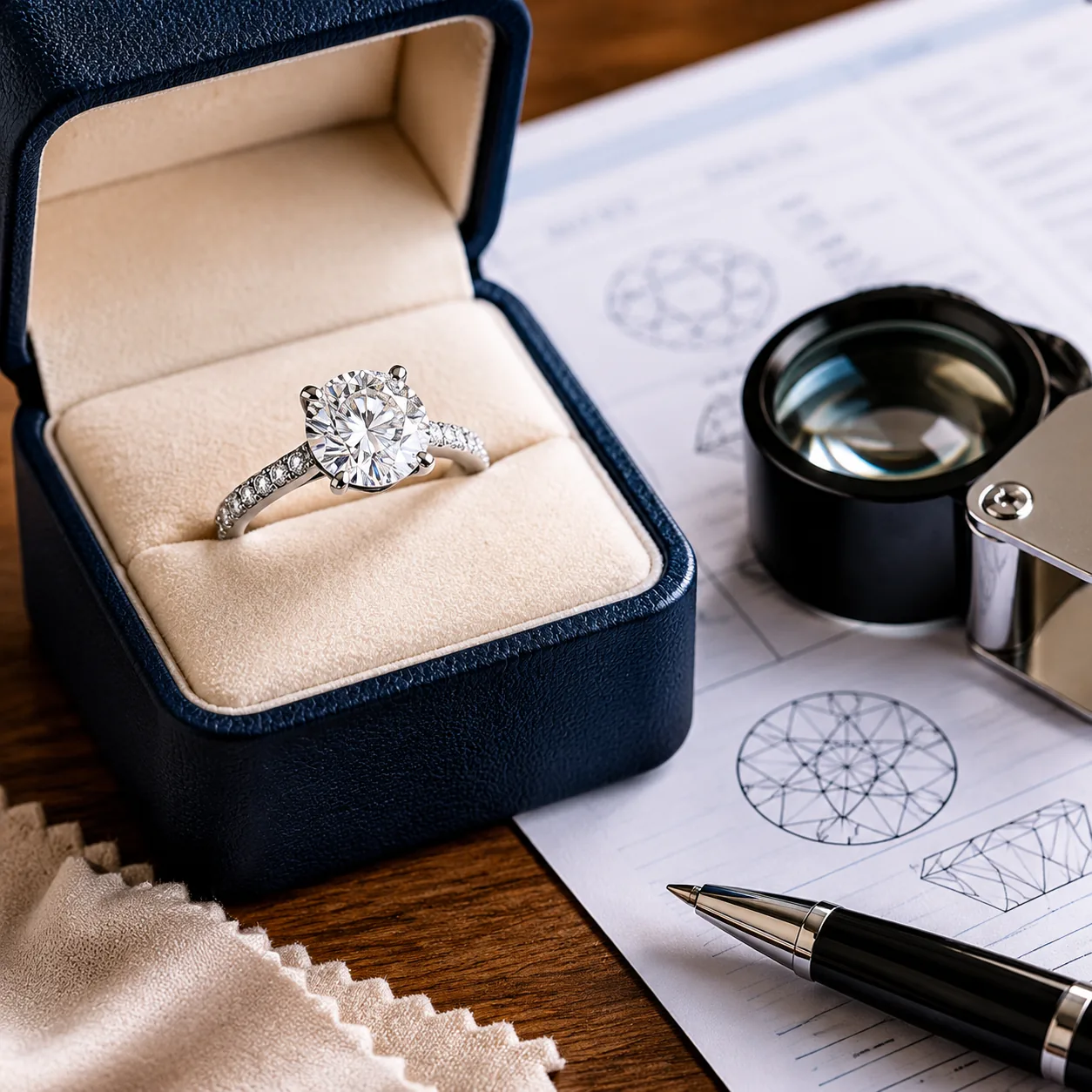 Realistic editorial photo of a diamond ring in a simple jewelry box beside a loupe and appraisal paperwork, practical co