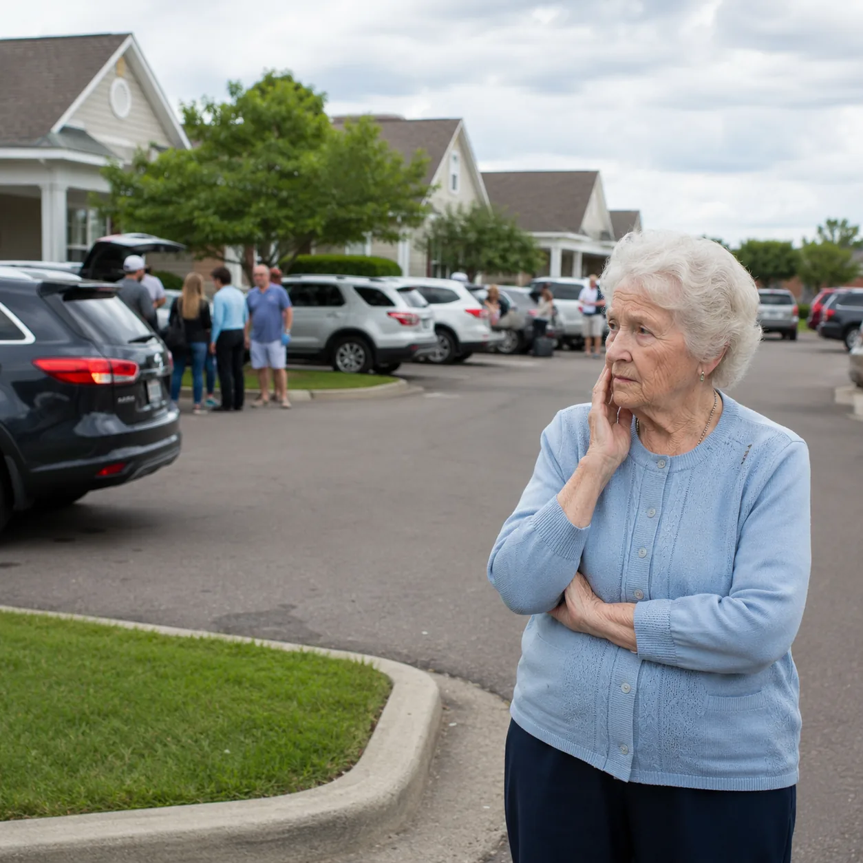 Realistic editorial photo of a full retirement community parking area with visiting family cars and an older resident lo