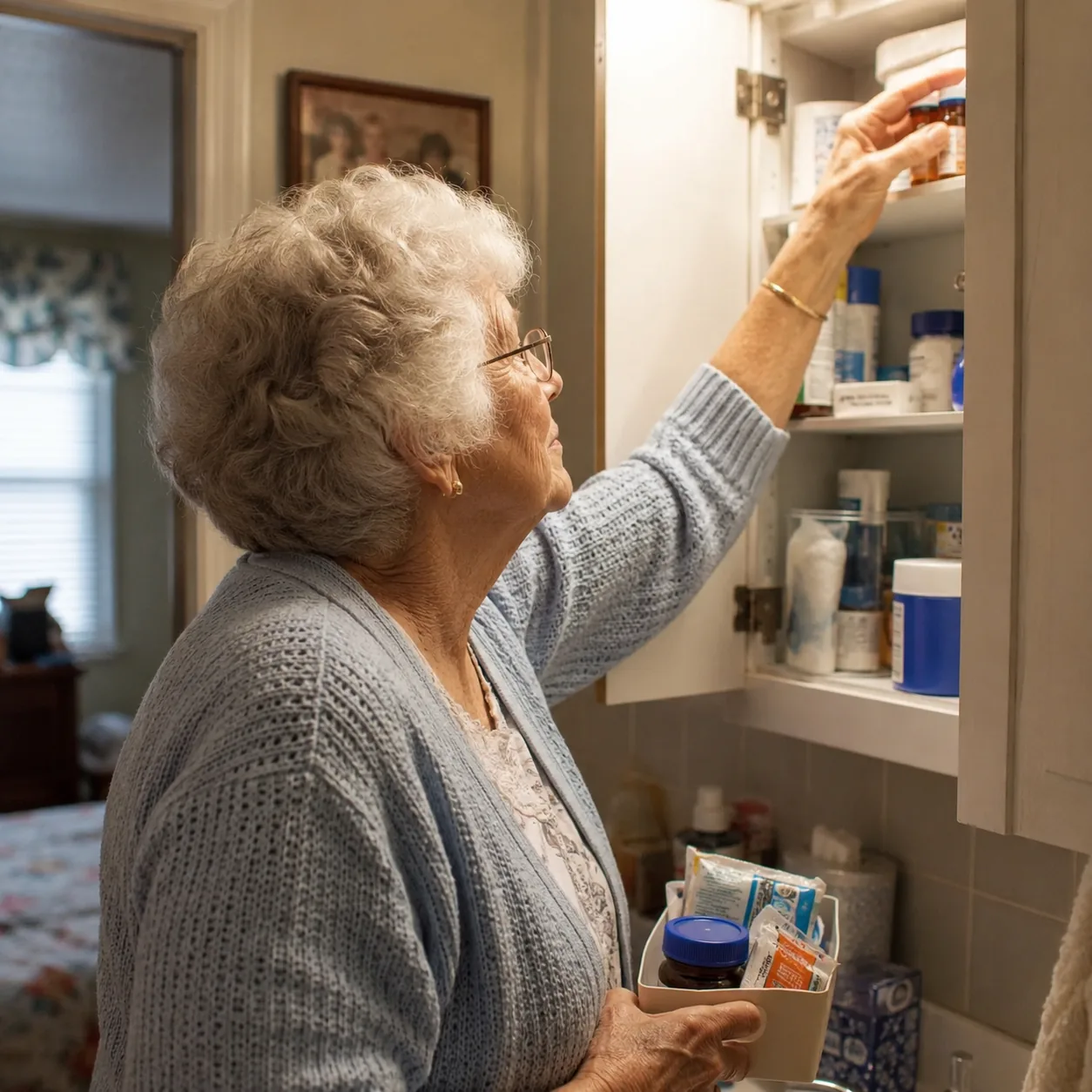 Realistic editorial photo of a grandmother organizing a bathroom medicine cabinet with bandages, ointment, thermometer, 