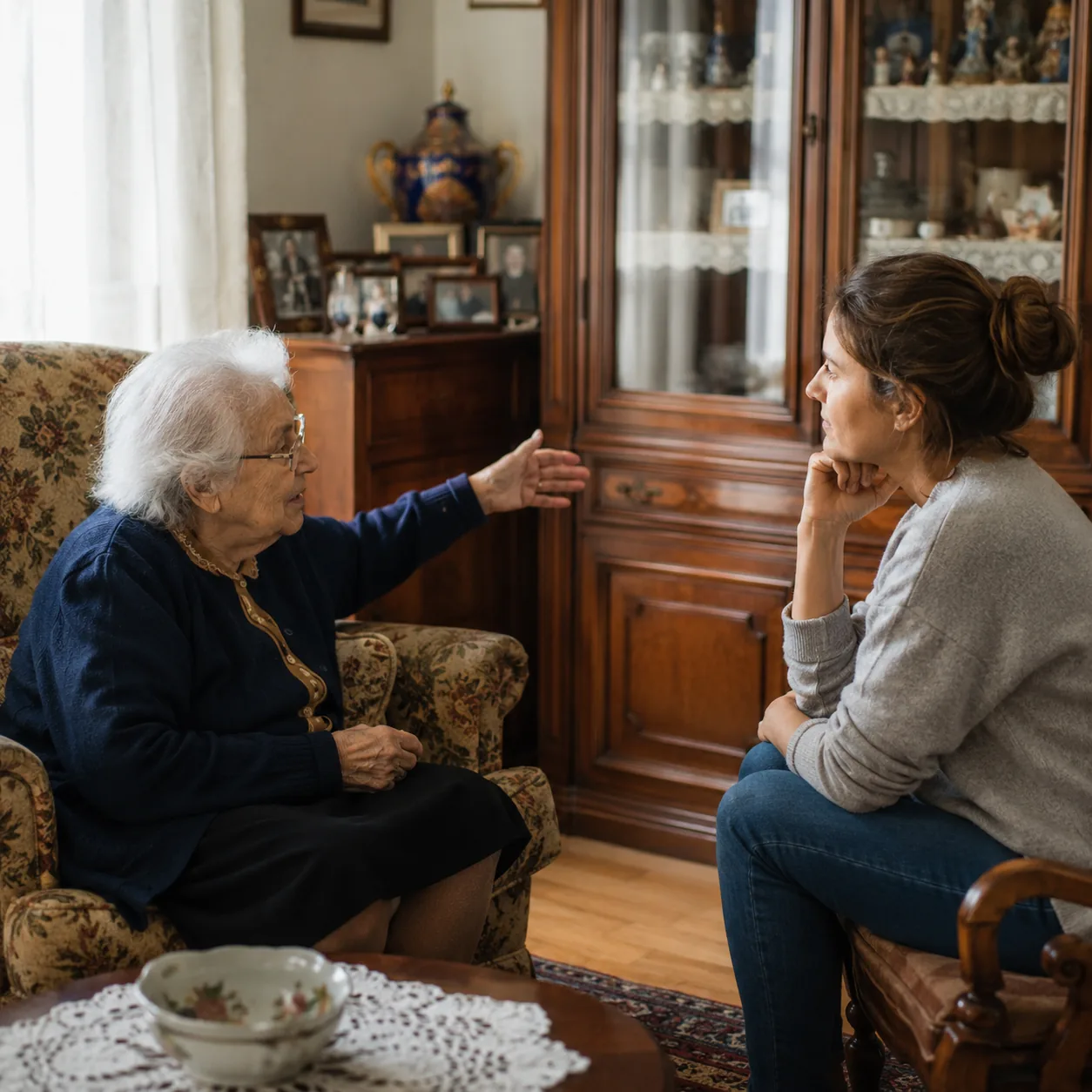 Realistic editorial photo of a grandparent describing old family furniture while an adult grandchild listens in a cozy l