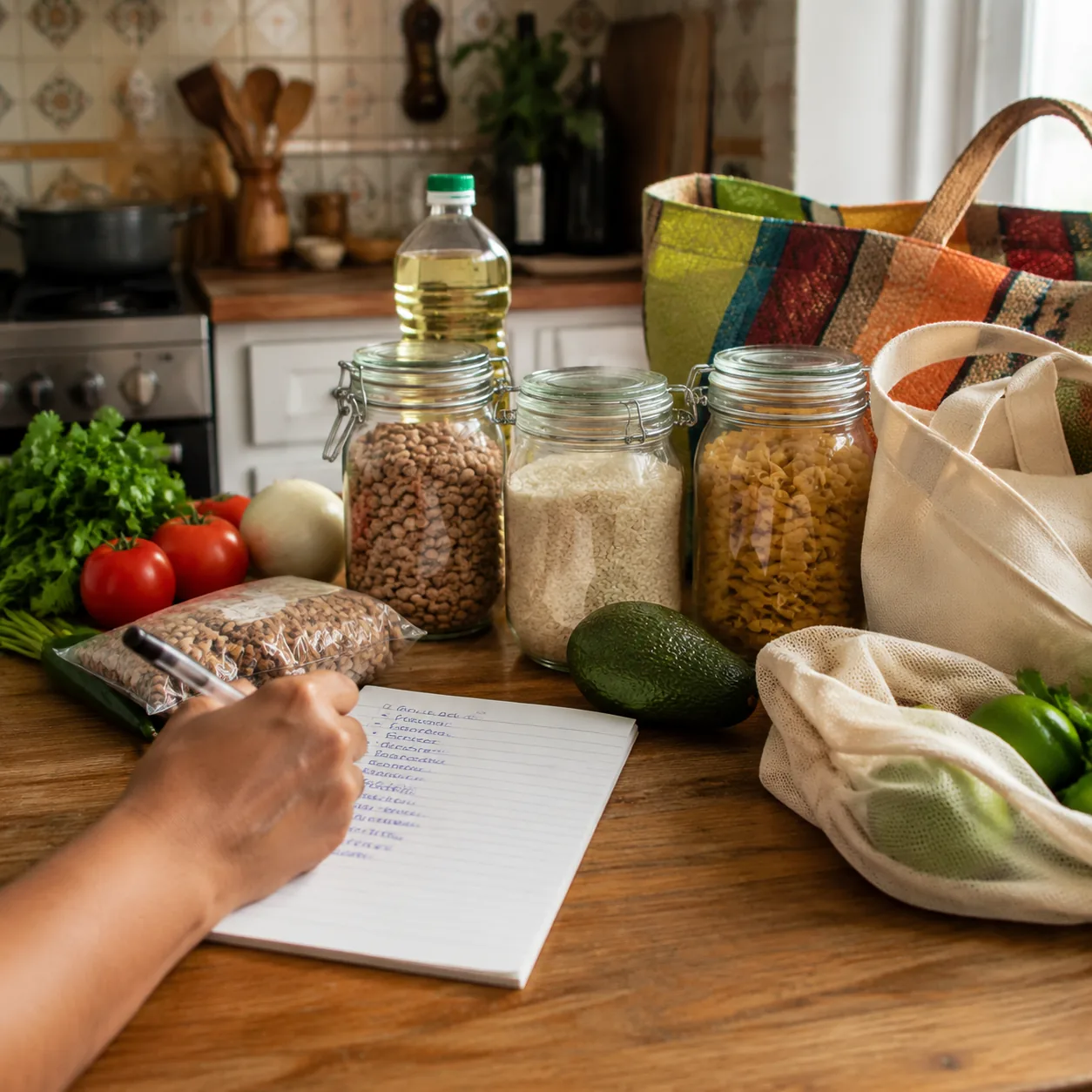 Realistic editorial photo of a handwritten grocery list beside pantry staples and reusable bags in a Latino kitchen, war