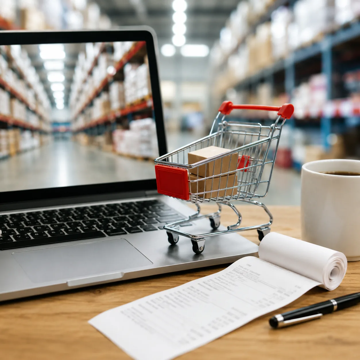 Realistic editorial photo of a laptop shopping cart beside a warehouse receipt and coffee mug, practical consumer guide