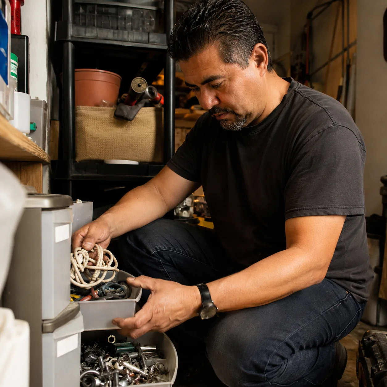 Realistic editorial photo of a Latino father sorting saved cables, screws, and small tools in a garage or utility closet