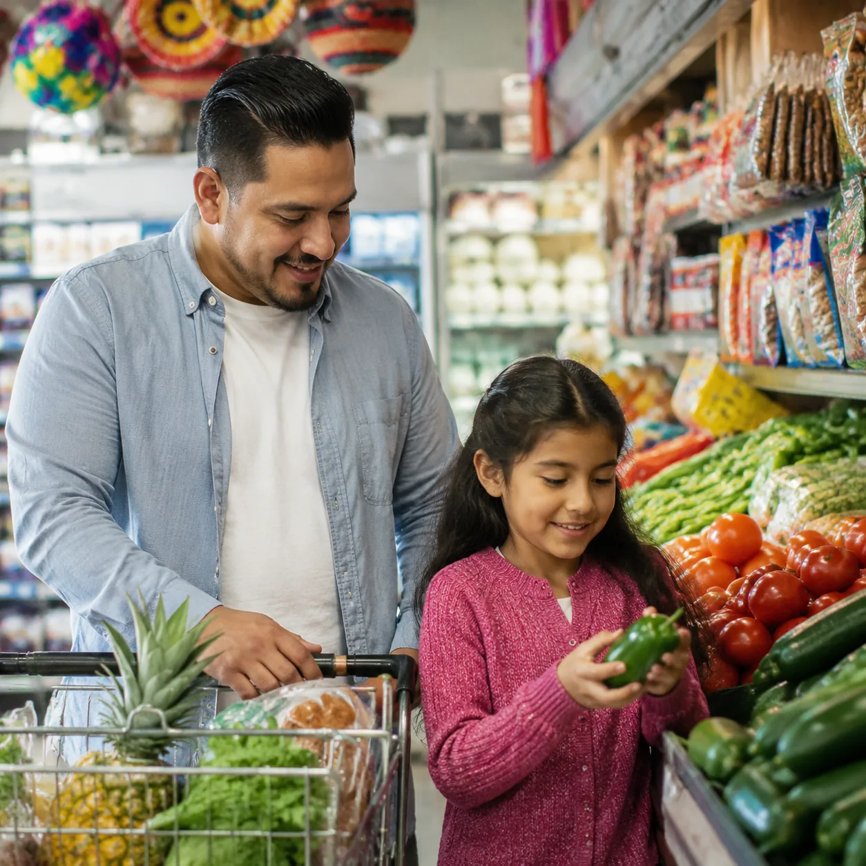 Realistic editorial photo of a Latino parent and child shopping together in a neighborhood Latino supermarket aisle, col