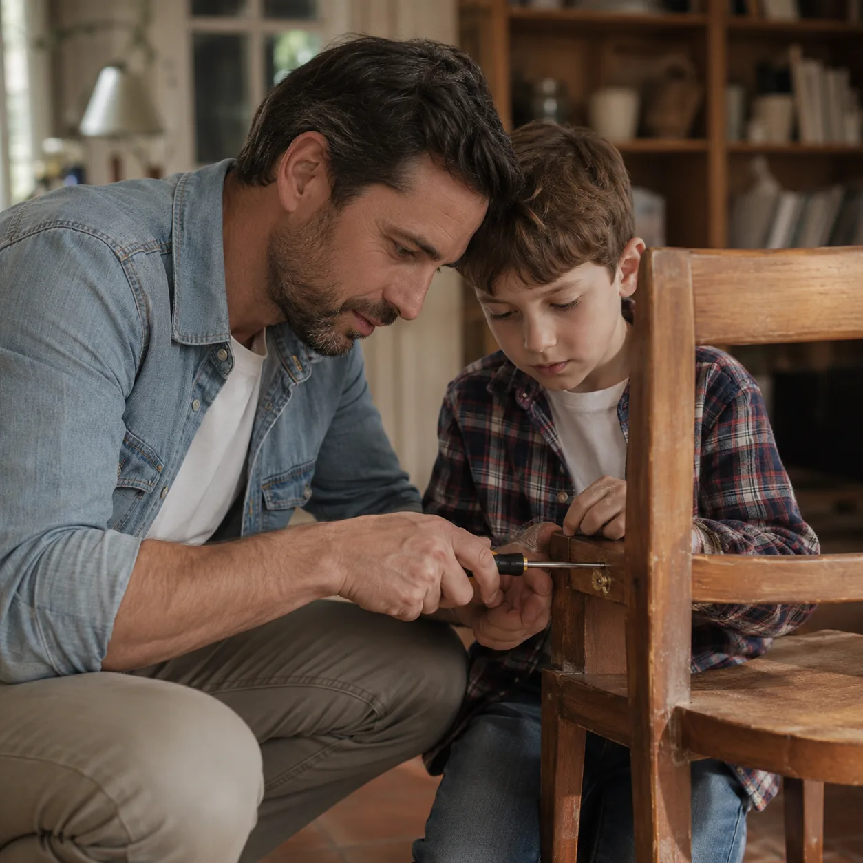 Realistic editorial photo of a parent showing a child how to tighten a loose screw on a wooden chair, warm natural light