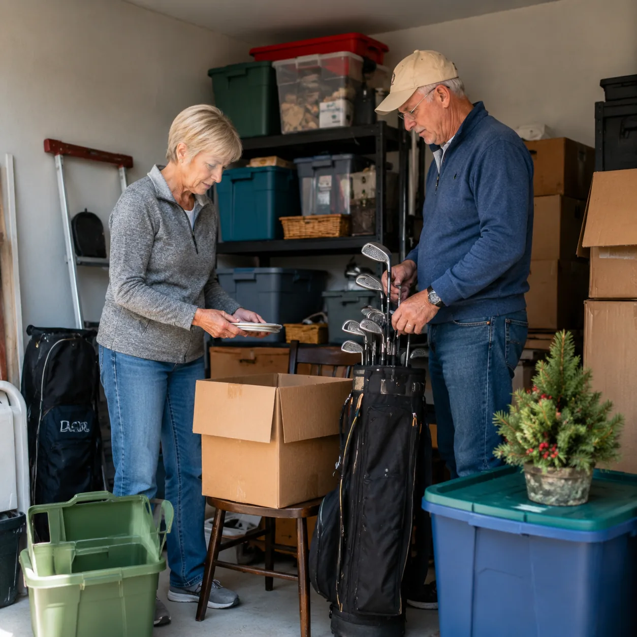Realistic editorial photo of a retired couple organizing boxes, golf clubs, and holiday bins in a small garage storage a