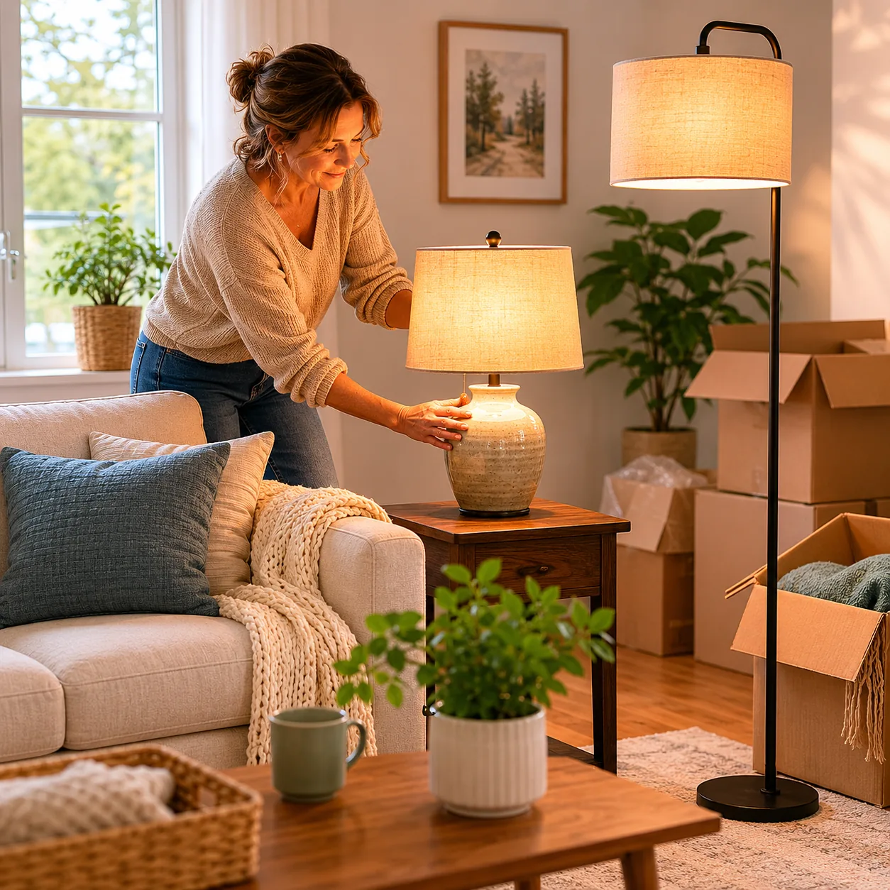 Realistic editorial photo of a warm table lamp and floor lamp being tested in a smaller living room with moving boxes ne