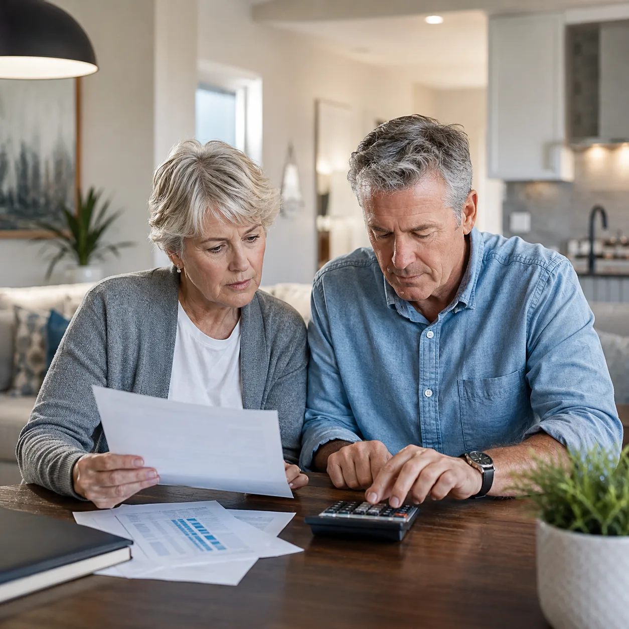 Realistic editorial photo of an older couple reviewing a community dues sheet and calculator in a staged model home, pra