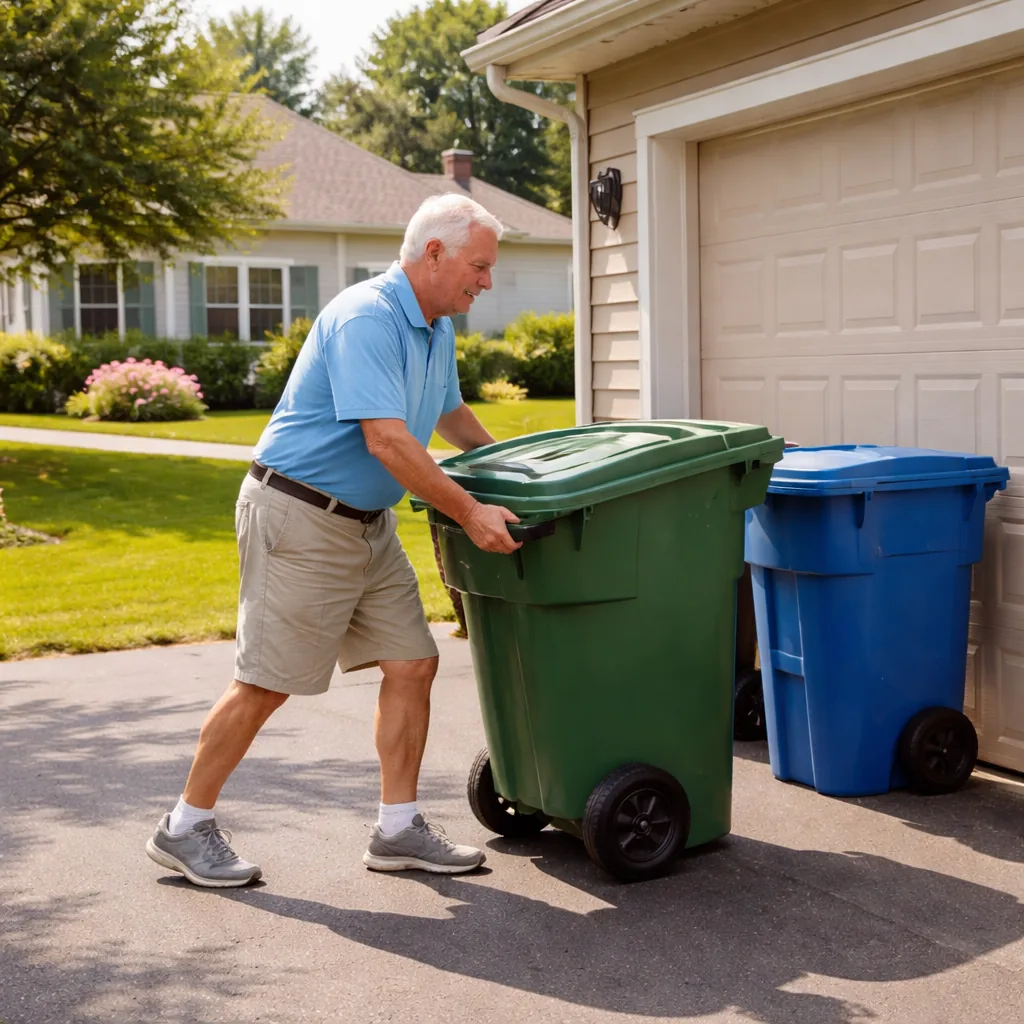 Realistic editorial photo of an older homeowner moving trash and recycling bins behind a garage in a retirement communit