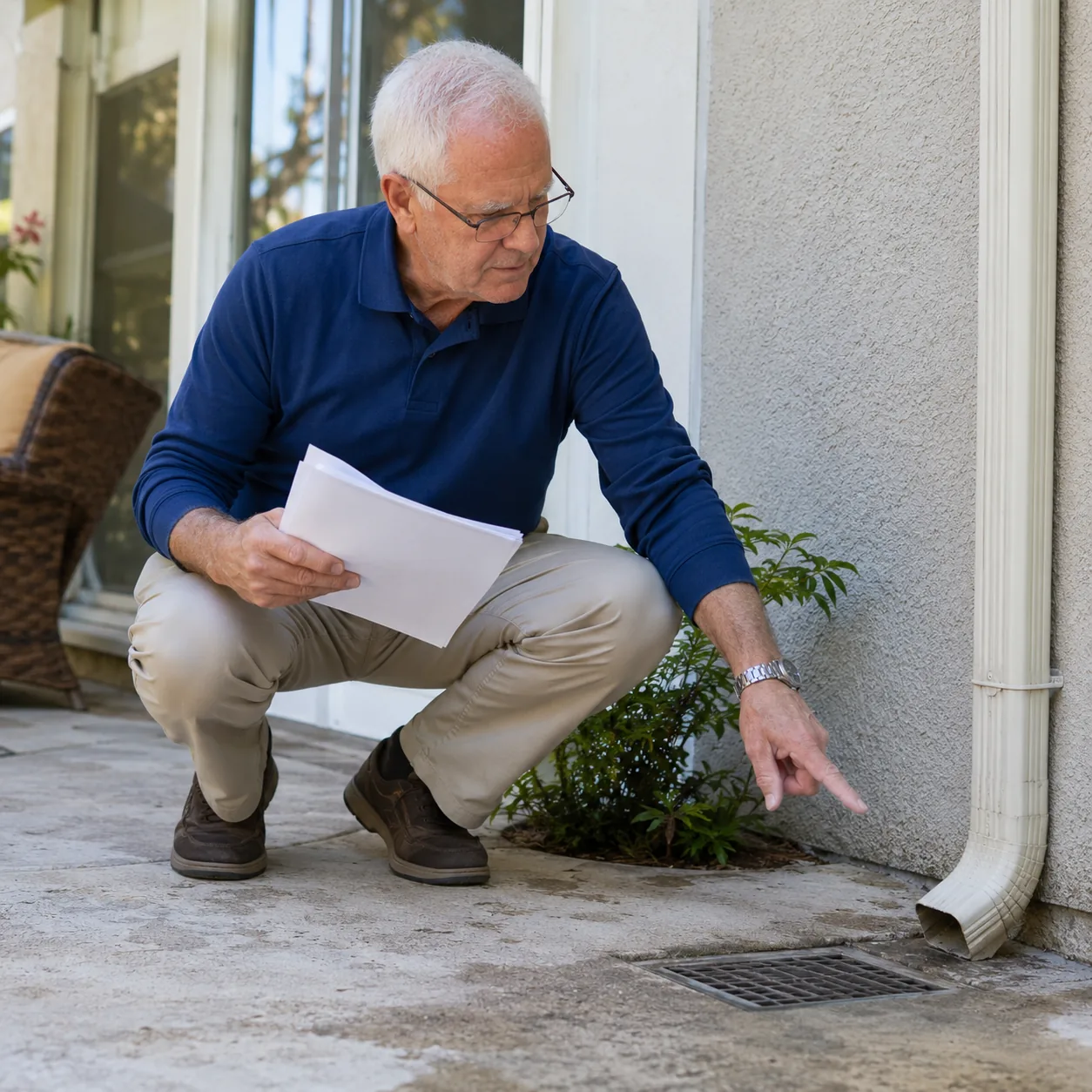 Realistic editorial photo of an older homeowner pointing at a patio drain and exterior wall while reviewing community ma