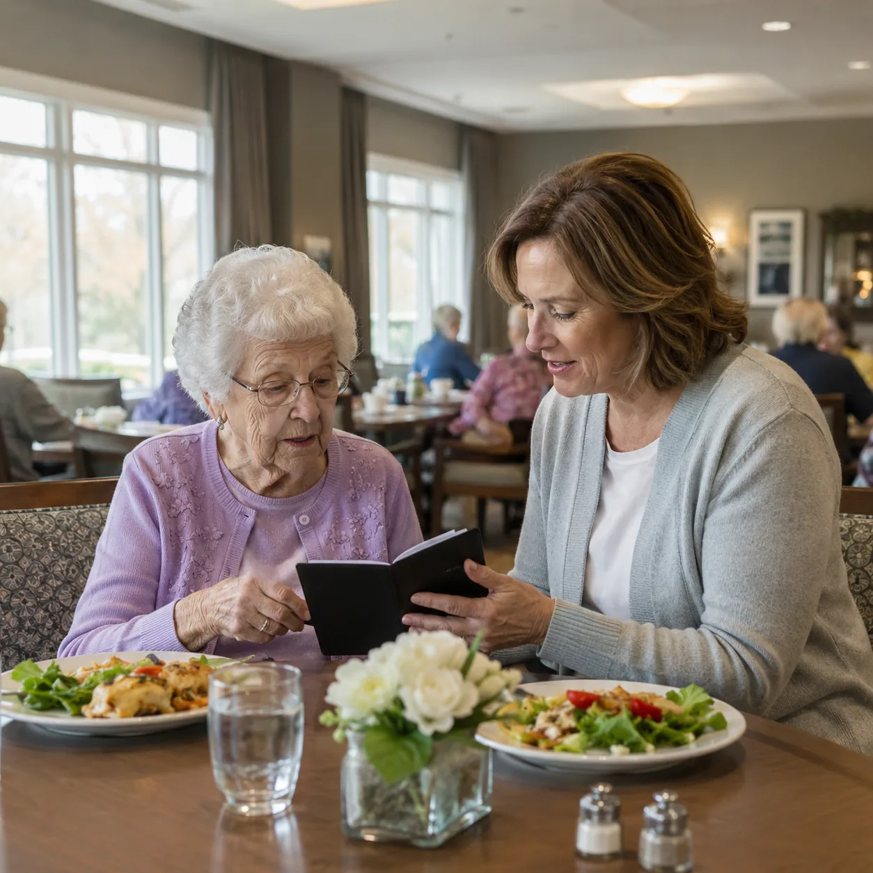 Realistic editorial photo of an older parent and adult child sharing lunch in an assisted living dining room with a smal