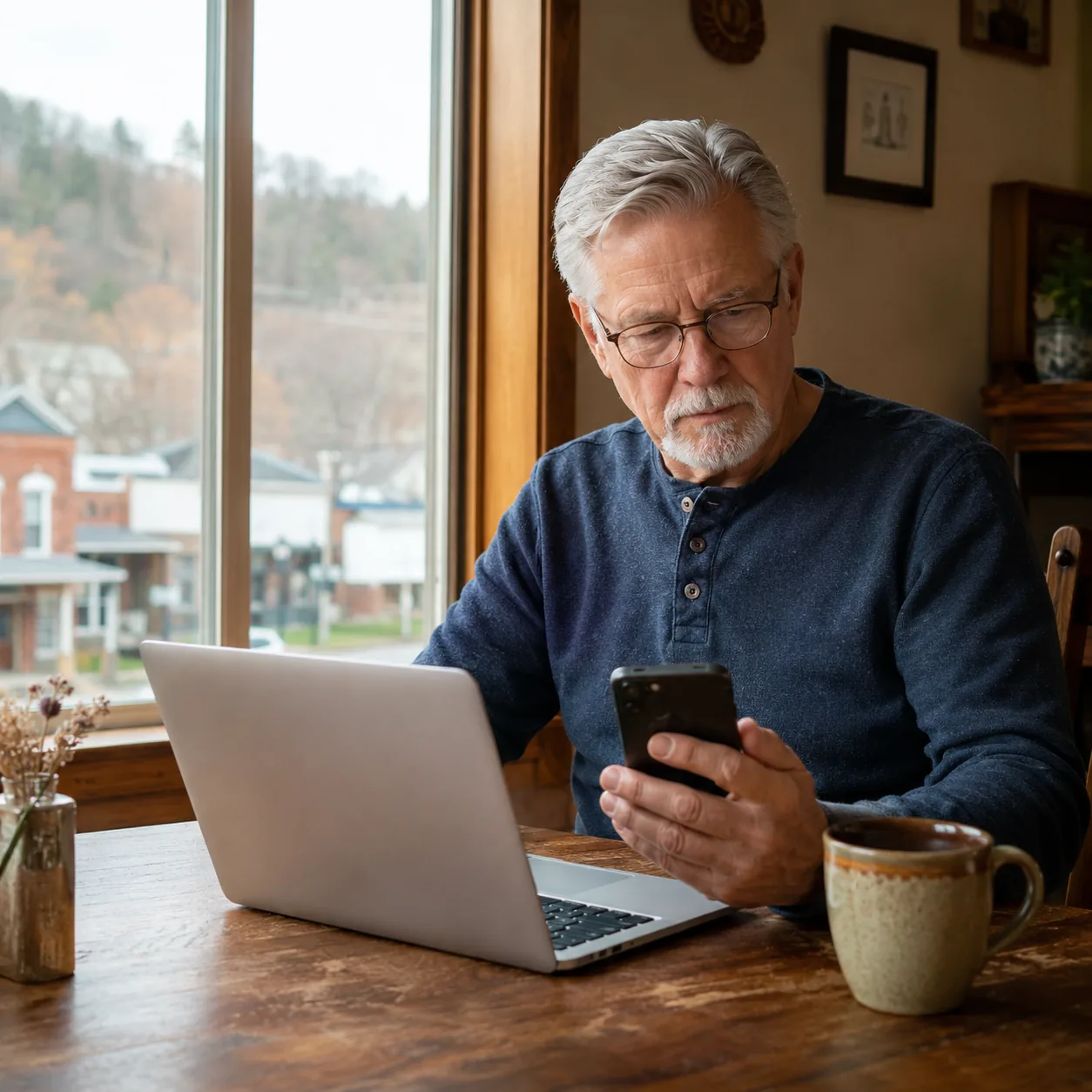 Realistic editorial photo of an older retiree checking a laptop and phone signal near a window in a small-town home, pra