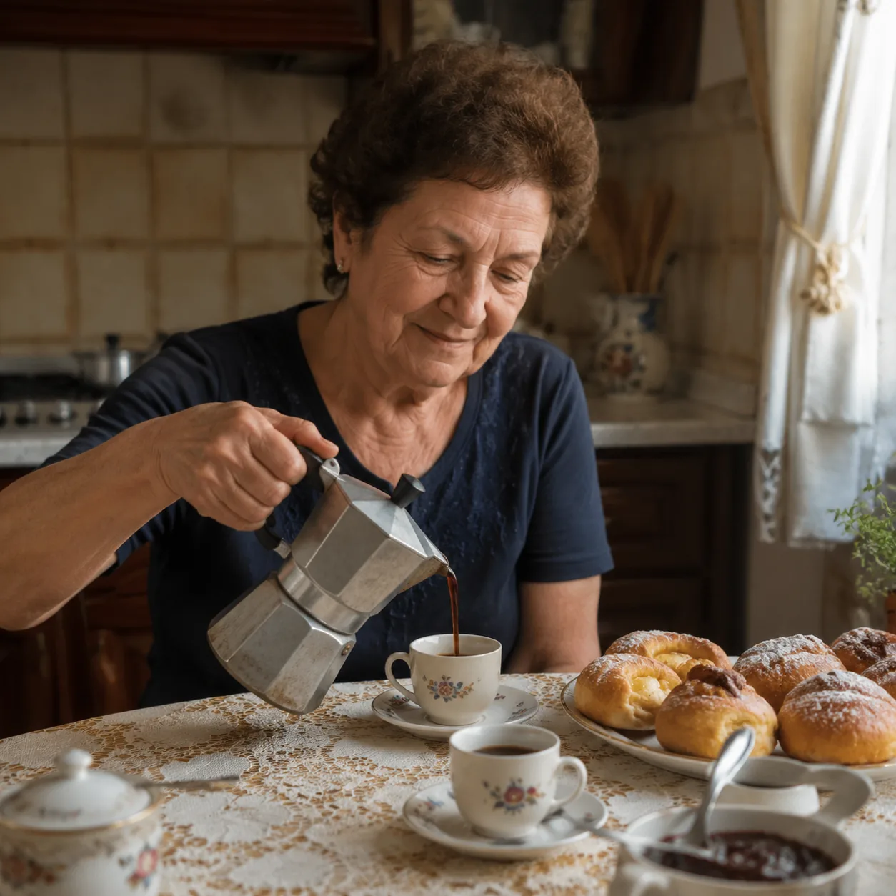 Realistic editorial photo of an older woman pouring coffee into small cups at a kitchen table with pastries nearby, warm
