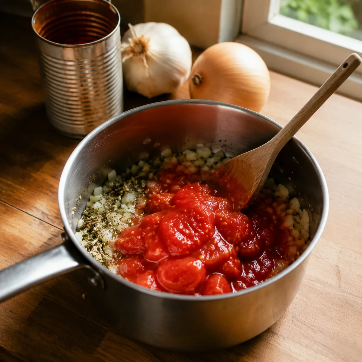 Realistic editorial photo of canned tomatoes poured into a saucepan with onion, dried herbs, and a wooden spoon on a kit