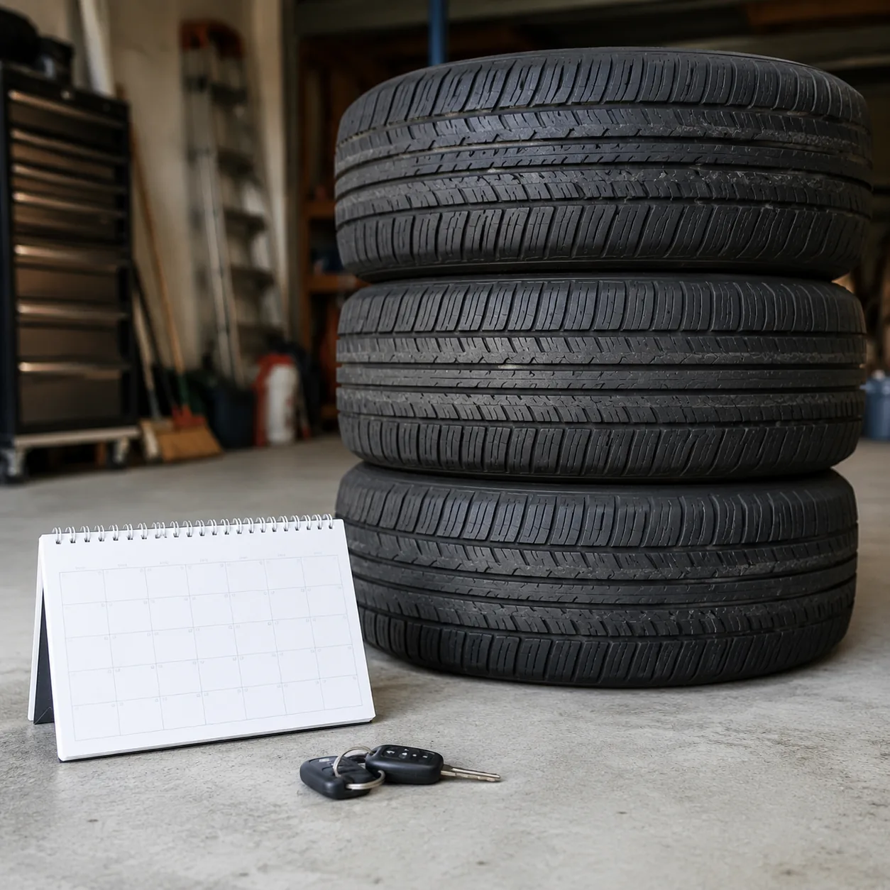 Realistic editorial photo of car tires stacked in a garage with calendar and keys nearby, practical auto maintenance sty
