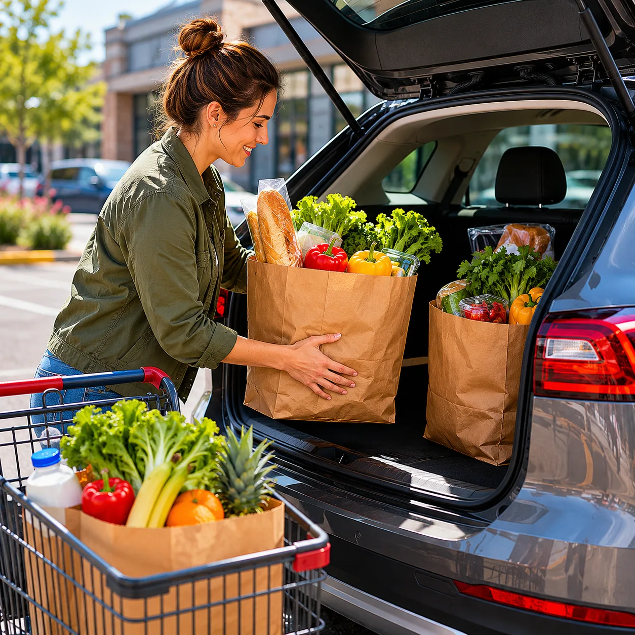 Realistic editorial photo of grocery bags being loaded into a car trunk at a curbside pickup area without branding, prac