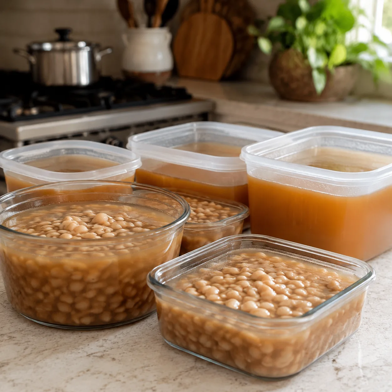 Realistic editorial photo of homemade beans and broth cooling in labeled containers on a kitchen counter, warm natural l