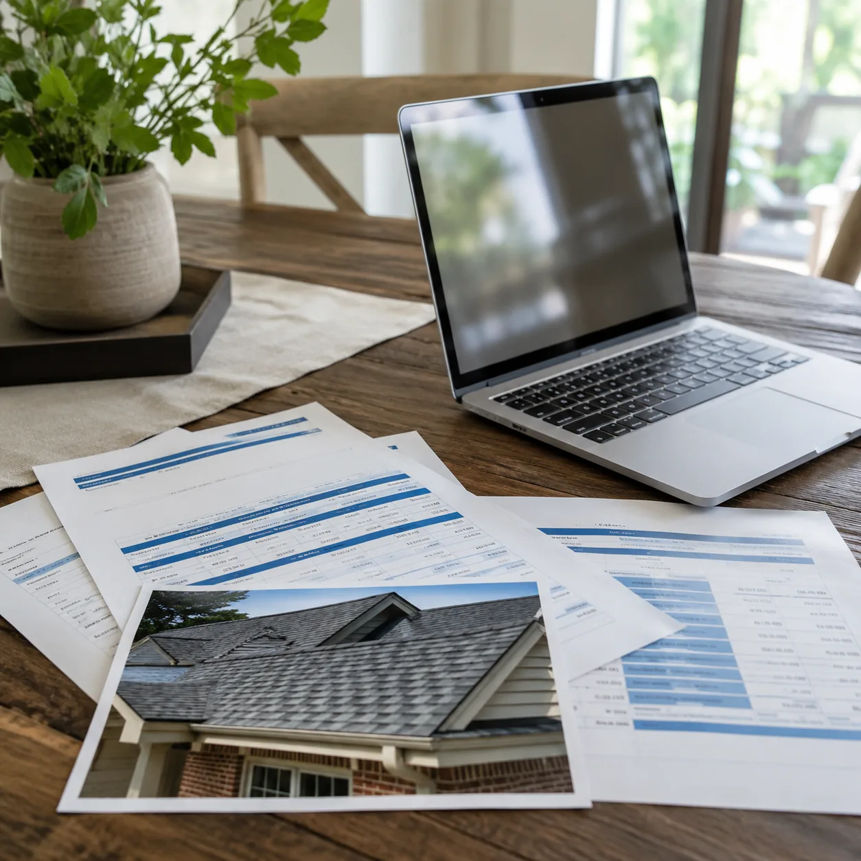 Realistic editorial photo of homeowners insurance quote pages, roof photo, and laptop on a dining table, neutral dayligh