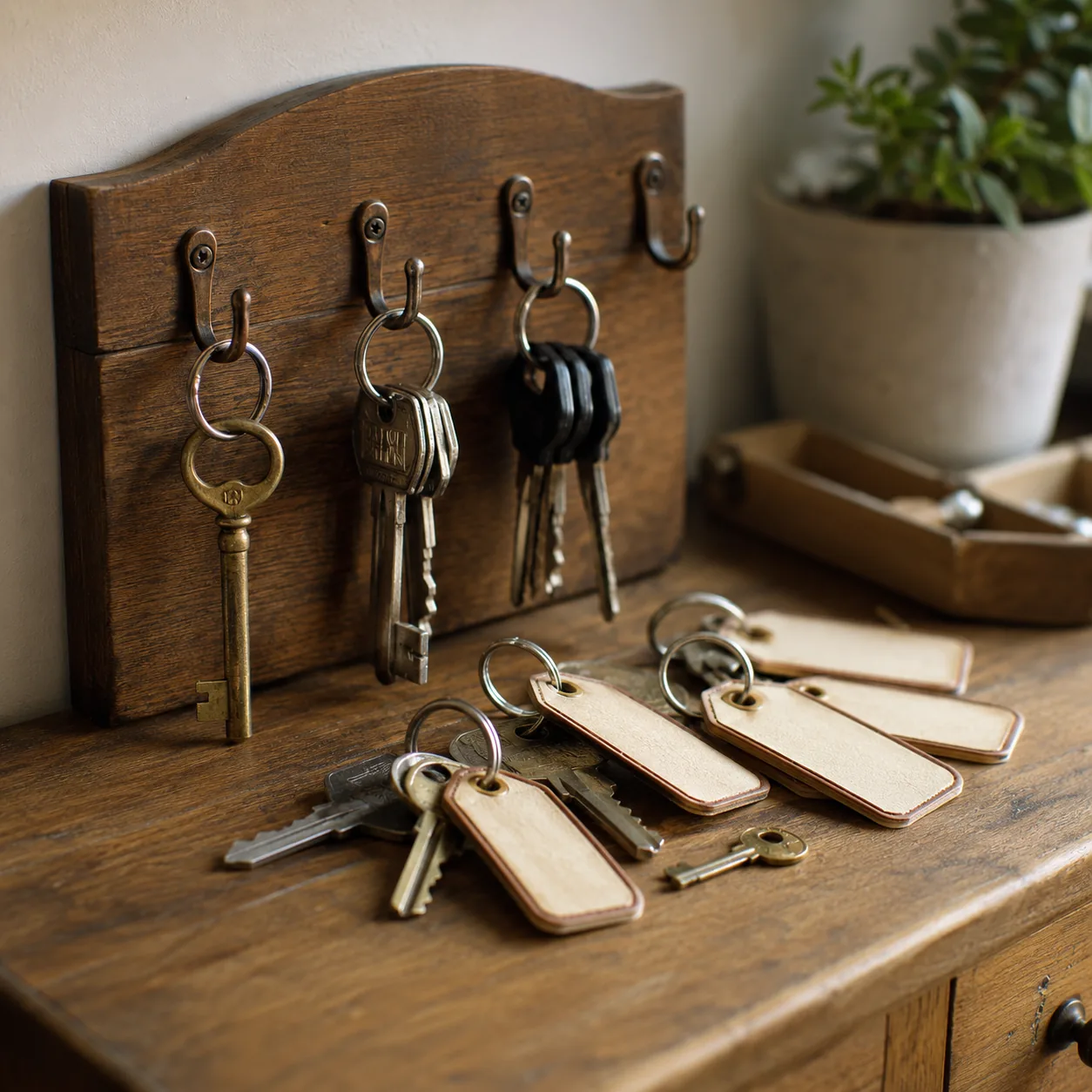 Realistic editorial photo of old house keys on labeled tags beside a small key rack, warm natural light, practical famil